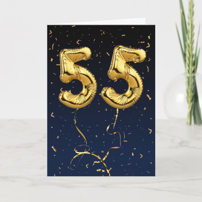 Gold 55 Mylar Birthday Balloons und Confetti Card Karte (Vorderseite)