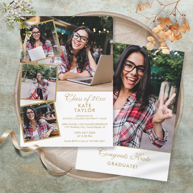 Gold 5 Einladung zur Fotocollage Graduation Party (Gold 5 Photo Collage Graduation Party Invitation)