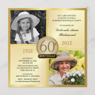 Gold 60. Geburtstag Einladungen Dann & Jetzt 2 Fot