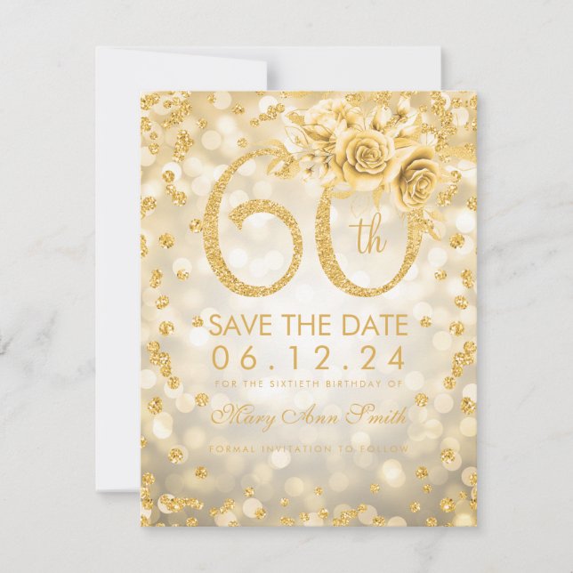 Gold 60. Geburtstag Glam Lights Save The Date (Vorderseite)