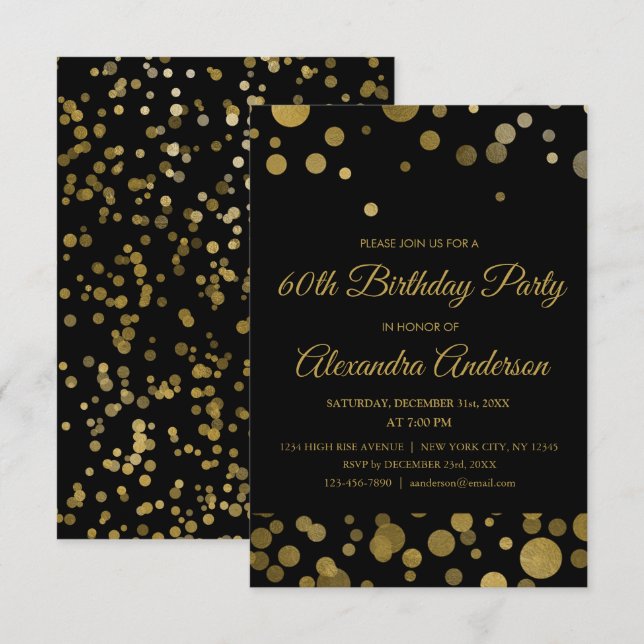 Gold 60. Geburtstagsparty Gold Confetti Einladung (Vorne/Hinten)