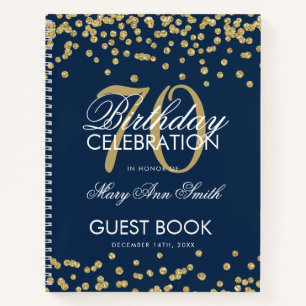 Gold 70. Geburtstag Gästebuch Confetti Navy Blue Notizbuch