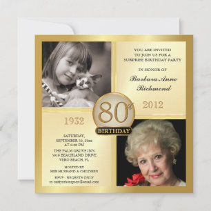 Gold 80. Geburtstag Einladungen Dann & Jetzt 2 Fot