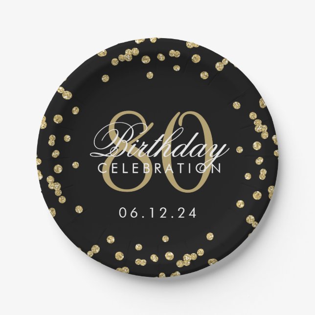 Gold 80. Geburtstag Glitzer Confetti Black Pappteller (Vorderseite)