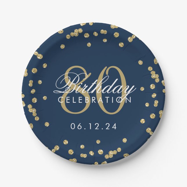 Gold 80. Geburtstag Glitzer Confetti Navy Blue Pappteller (Vorderseite)