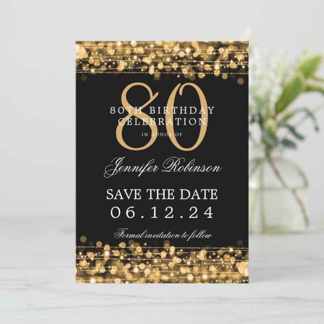 Gold 80. Geburtstag Save the Date Einladung (Stehend Vorderseite)