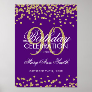 Gold 90th Birthday Glitter Confetti Purple Poster