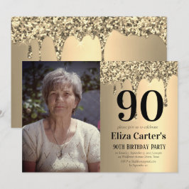 Gold 90th Ninety Drip Elegant Birthday  Einladung