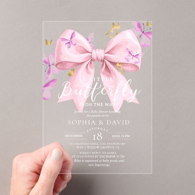 Gold A Little Butterfly  Pink Bow Baby Shower  Acryleinladungen (Insitu (Handheld))