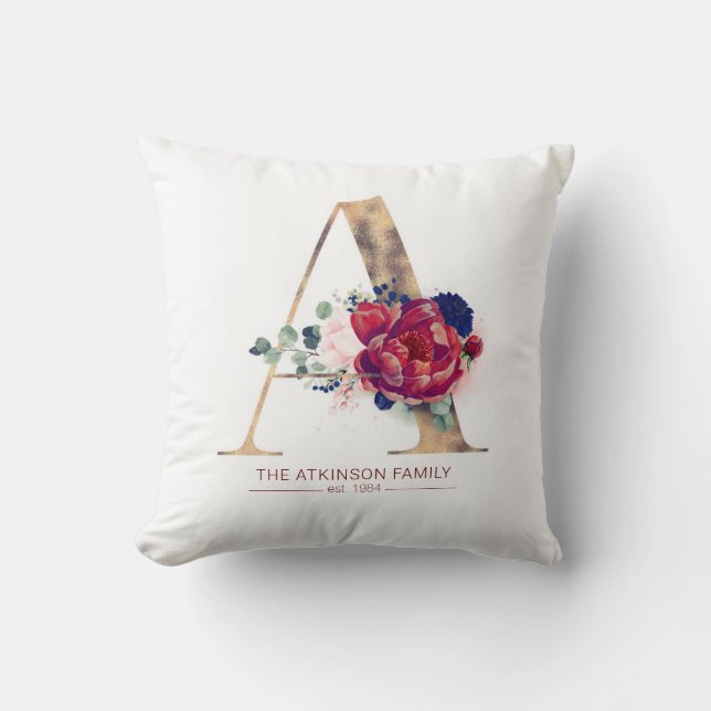 Gold A Monogram Floral Burgund und Navy Blue Kissen (Vorderseite)