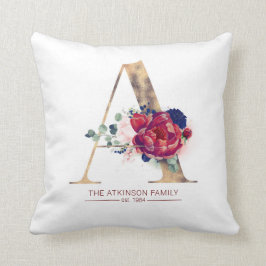 Gold A Monogram Floral Burgund und Navy Blue Kissen