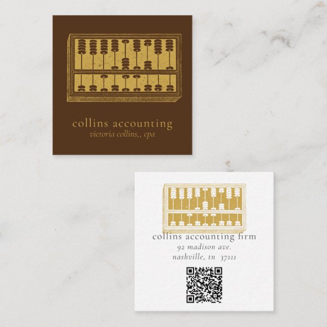 Gold Abacus QR Code Brown Square Biz Card Quadratische Visitenkarte (Vorne/Hinten)
