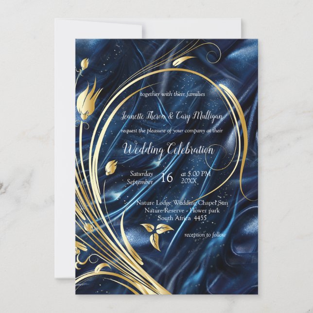 Gold abstrakte Blume auf Simmery Blue Silk Einladung (Vorderseite)