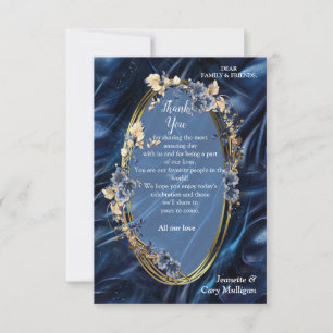Gold abstrakte Blume auf Simmery Blue Silk RSVP Karte