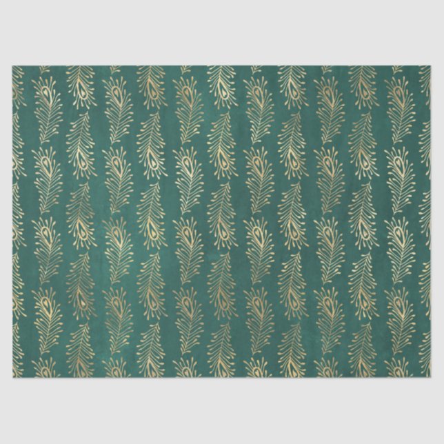 Gold Abstrakte Pfauenfedern auf grüner Decoupage Seidenpapier (Vorderseite)