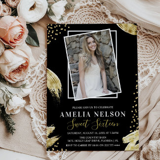 Gold Abstraktes Foto Sweet 16 Geburtstag Einladung