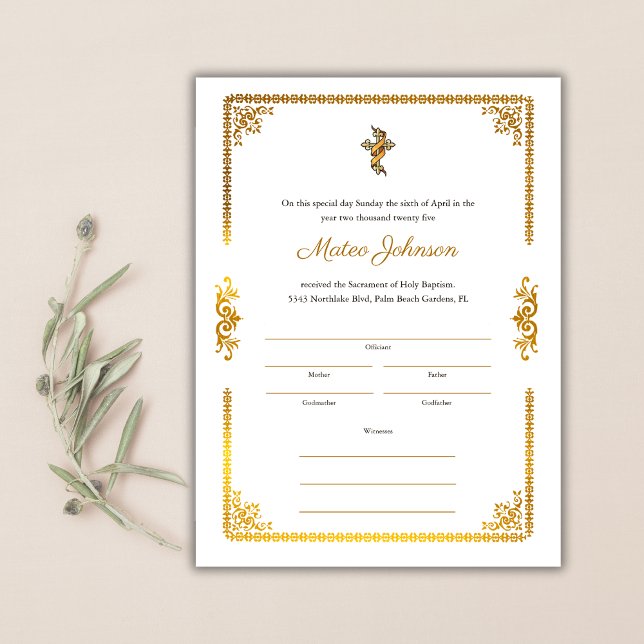 Gold Accents Elegantes katholisches Taufen-Zertifi (Gold Accents Elegant Catholic Baptism Certificate)