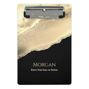 Gold Achat & Glitter, Name & Textzeile, Schwarz Mini Klemmbrett