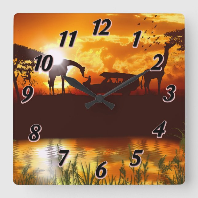 Gold African Sky Safari - Jungle Square Wall Clock Quadratische Wanduhr (Vorderseite)