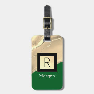Gold Agare, Weißer Name & Schwarzes Monogramm, Grü Gepäckanhänger