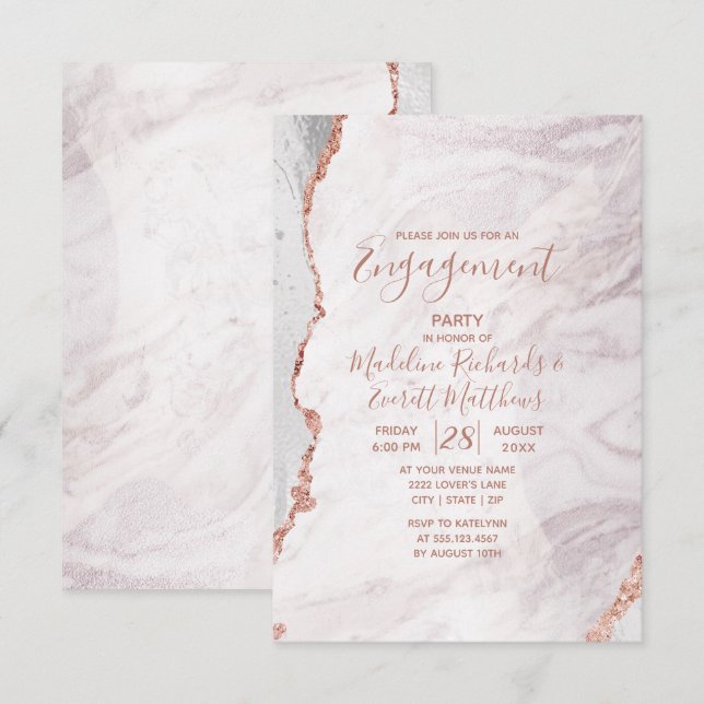 Gold Agate Marble Engagement Party für White & Ros Einladung (Vorne/Hinten)