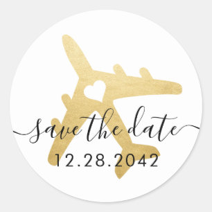 Gold Airplane Herzreisen Thema Save the Date Runder Aufkleber