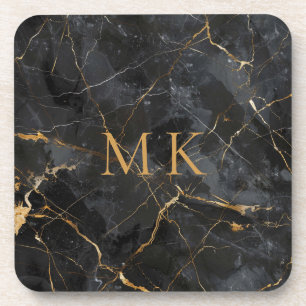 Gold Akzente Schwarzes Marmor Monogram Initialen Getränkeuntersetzer