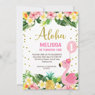 Gold Aloha Floral Foliage Flamingo 1. Geburtstag Einladung