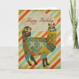 Gold Alpaca & Aquamarin Owl Geburtstagskarte Karte