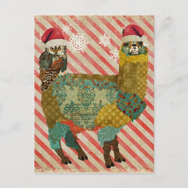 Gold Alpaca & Aquamarin Owl Weihnachtskarte Feiertagspostkarte (Vorderseite)