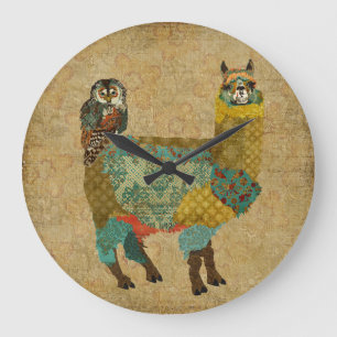 Gold Alpaca & Teal Owl Wall Clock Große Wanduhr