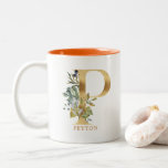 Gold Alphabet P Monogram | Blätter Zweifarbige Tasse<br><div class="desc">Elegantes, Hübsches, trendiges und modernes Alphabet Letter Monogram Design. Mit glänzendem goldgelbem Alphabet Initial P umgeben von einer Vielzahl von Aquarellen, dunkel und hellgrün Blattwerk und Blume. Andere Buchstaben sind in meinem Geschäft verfügbar. Bitte klicken Sie auf den Link "Klicken Sie, um weitere Einstellungen vorzunehmen", um den Namen, die Farbe...</div>