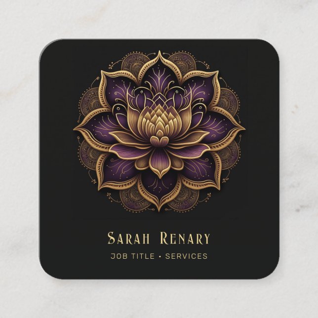Gold & Amethyst Lotus Blume Black Quadratische Visitenkarte (Vorderseite)