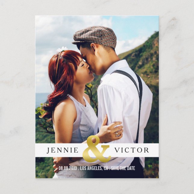 Gold Ampersand Foto Save the Date Ankündigungspostkarte (Vorderseite)