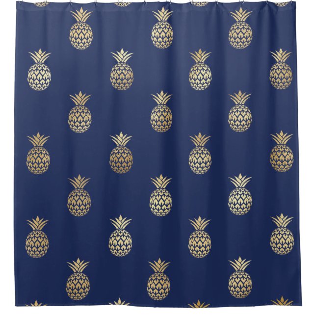 Gold Ananas auf Navy Blue Duschvorhang (Vorderseite)