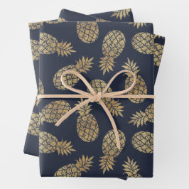 Gold Ananas auf Navy Blue Geschenkpapier Set
