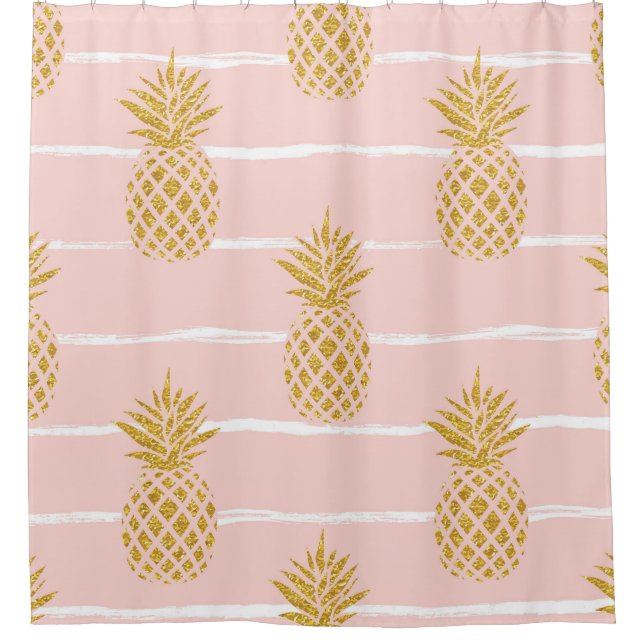 Gold Ananas, gestreift Sommer Hintergrund. Duschvorhang (Vorderseite)
