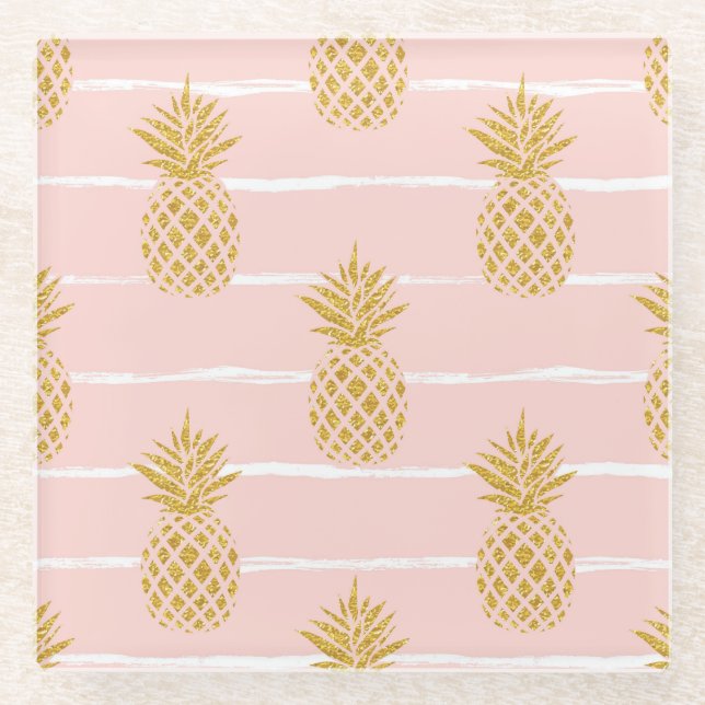 Gold Ananas, gestreift Sommer Hintergrund. Glasuntersetzer (Vorderseite)