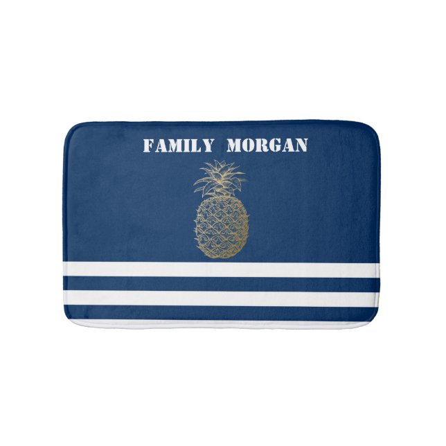 Gold Ananas Nautical Navy Blau Streifen Badematte (Vorderseite)