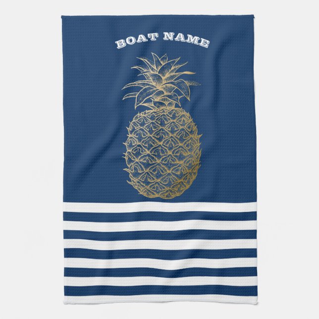 Gold Ananas Nautical Navy Blau Streifen Geschirrtuch (Vertikal)