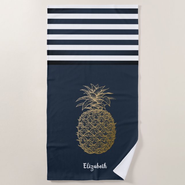 Gold Ananas Nautical Navy Blau Streifen Strandtuch (Vorderseite)