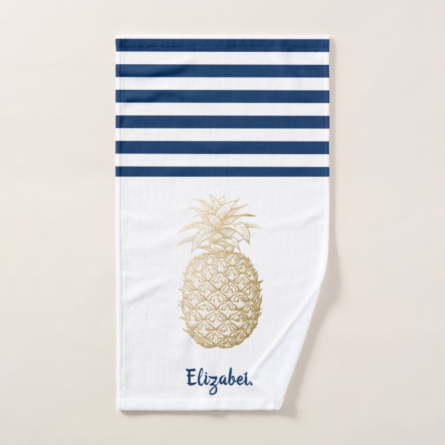 Gold Ananas Navy Blauer Streifen Badhandtuch Set (Handtuch)