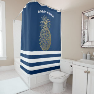 Gold Ananas Navy Blue Striped Duschvorhang