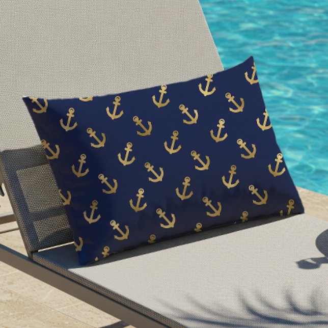 Gold Anchor Muster Navy Blue Nautical Outdoor Kissen Für Draußen (Von Creator hochgeladen)