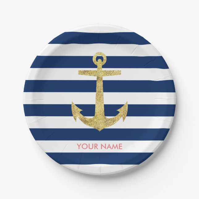 Gold Anchor Navy Blue Stripes Nautic Pappteller (Vorderseite)