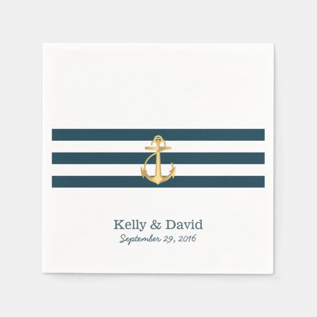 Gold Anchor Navy Blue Stripes Nautical Wedding Serviette (Vorderseite)