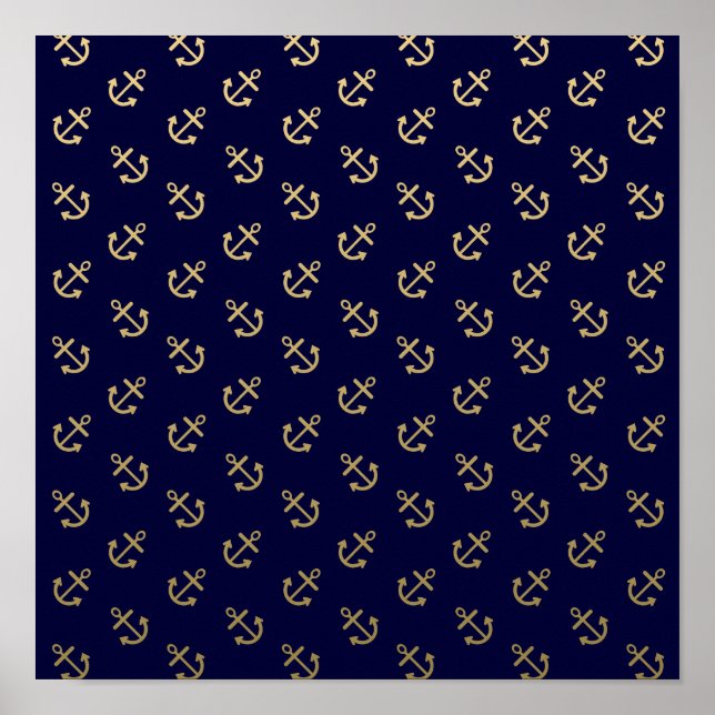 Gold Anchors Navy Blue Background Muster Poster (Vorne)
