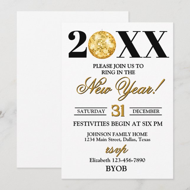 Gold and Black 2026 New Years Eve Party Invitation Einladung (Vorne/Hinten)