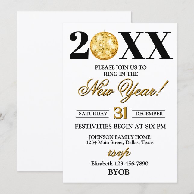 Gold and Black 2026 New Years Eve Party Invitation Einladung (Vorne/Hinten)