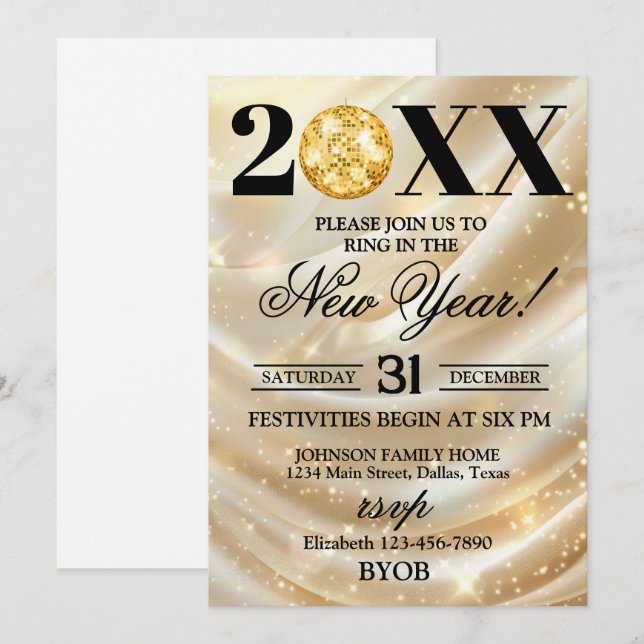 Gold and Black 2026 New Years Eve Party Invitation Einladung (Vorne/Hinten)